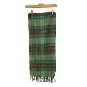 LL Bean Green Plaid Lambswool Fringed Scarf
